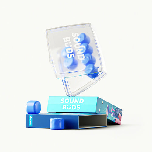 Australian Soundbuds blue mouldable earplugs set including four pairs and a portable case for deep sleep and noise cancellation