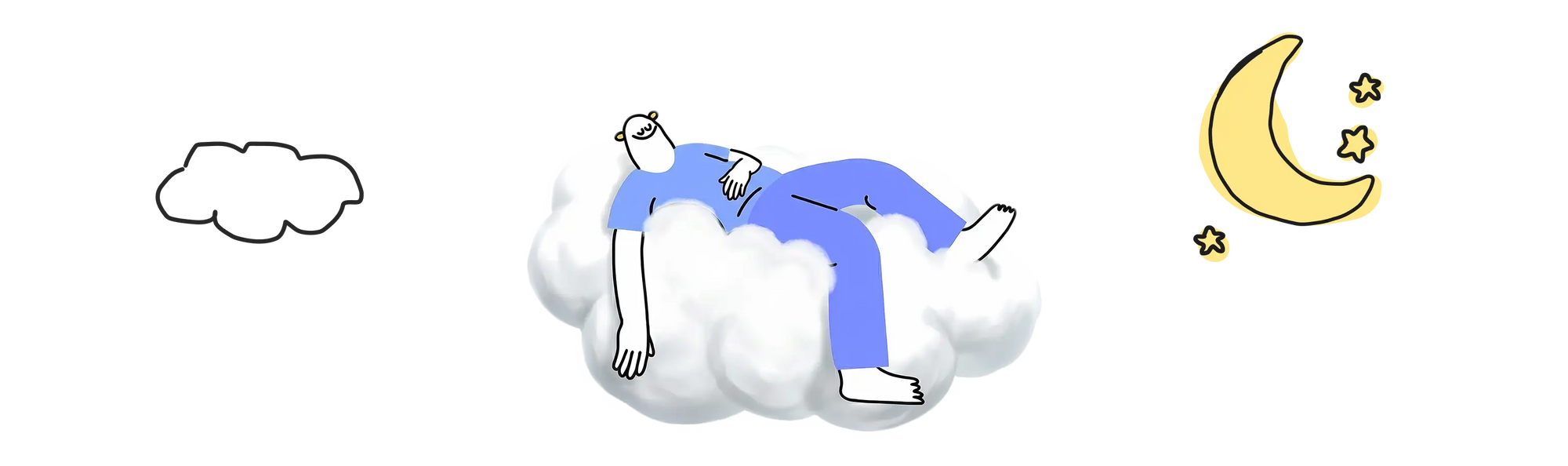 Illustrated graphic of tranquil rest and silence, showing a person sleeping comfortably on a cloud in a starry night sky.