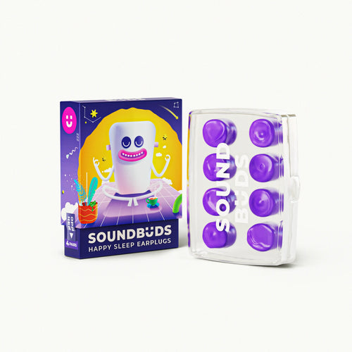 Premium purple silicone earplugs set including 4 pairs and travel container, designed for Australians seeking a custom fit for noise cancellation