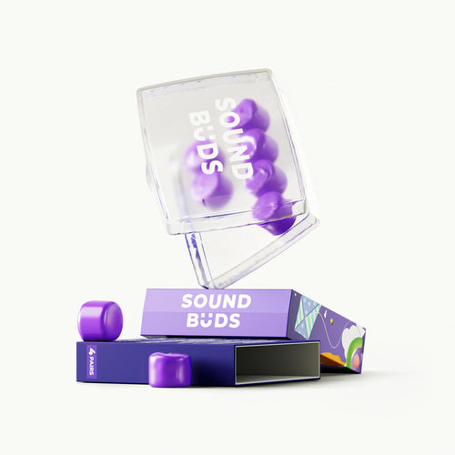 Soundbuds purple mouldable earplugs set including a 4 pair pack and portable carrying case for noise reduction and deep sleep